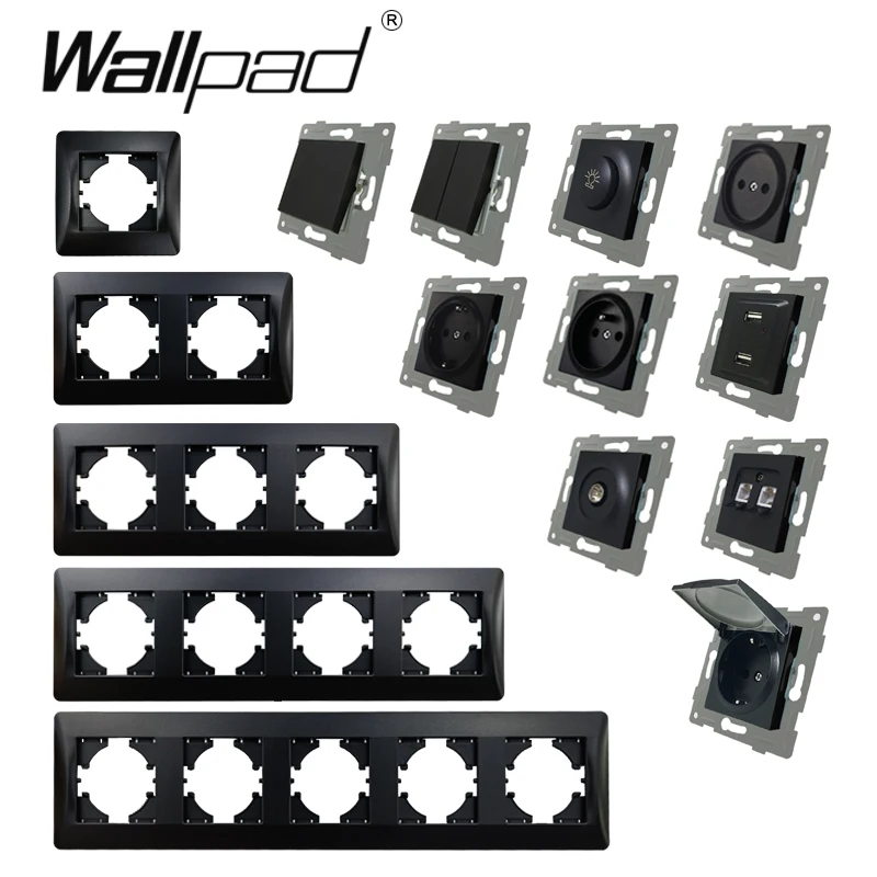 

DIY EU Black Plastic Frame Socket Wallpad TV DATA Satellite Curtain Dimmer Fan 1 2 Gang 2 Way Switch For EU BOX with Claws