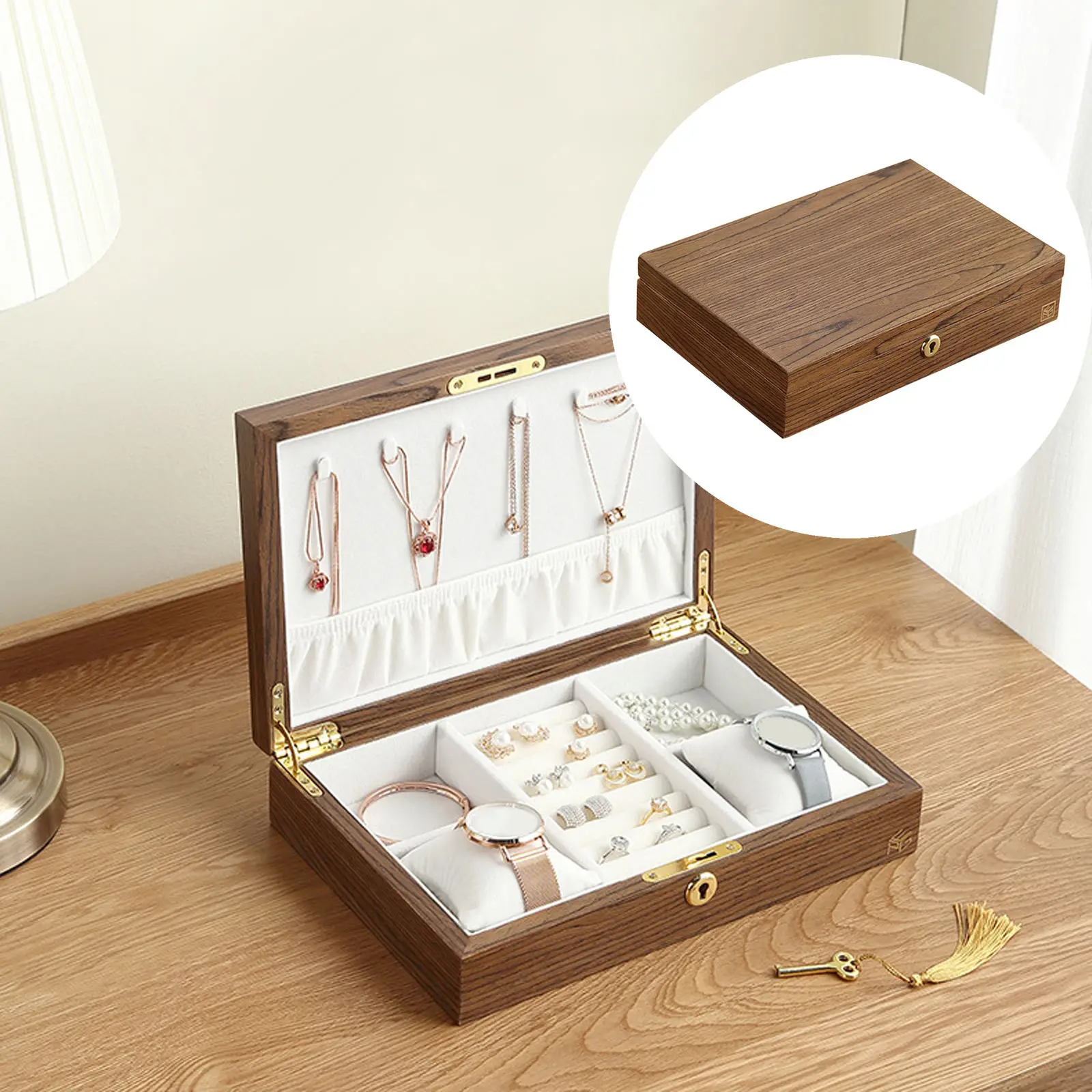 

Jewelry Organizer with Lock Stackable Necklace Handmade Chest Trinket Accs Storage Wooden Jewelry Box Case for Gifting Birthday