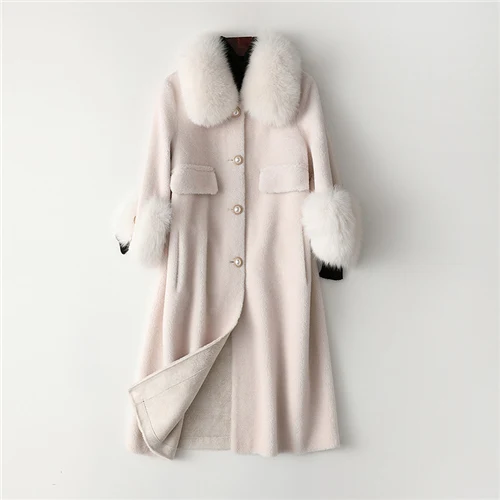 White MAOMAOFUR/шерстяное пальто для женщин с натуральным лисьим меховым воротником и манжетами; теплая верхняя одежда для женщин; Новая модная длинная стильная куртка из натурального овечьего меха - Цвет: White