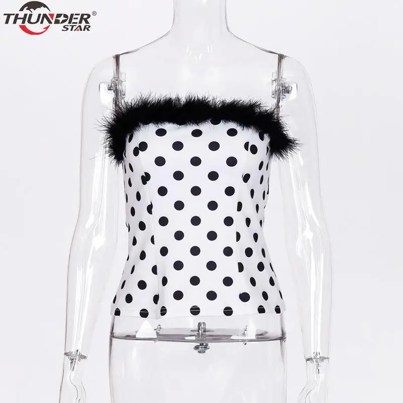 Женский топ в горошек с мехом из кусков сексуальный короткий весна-лето 2020