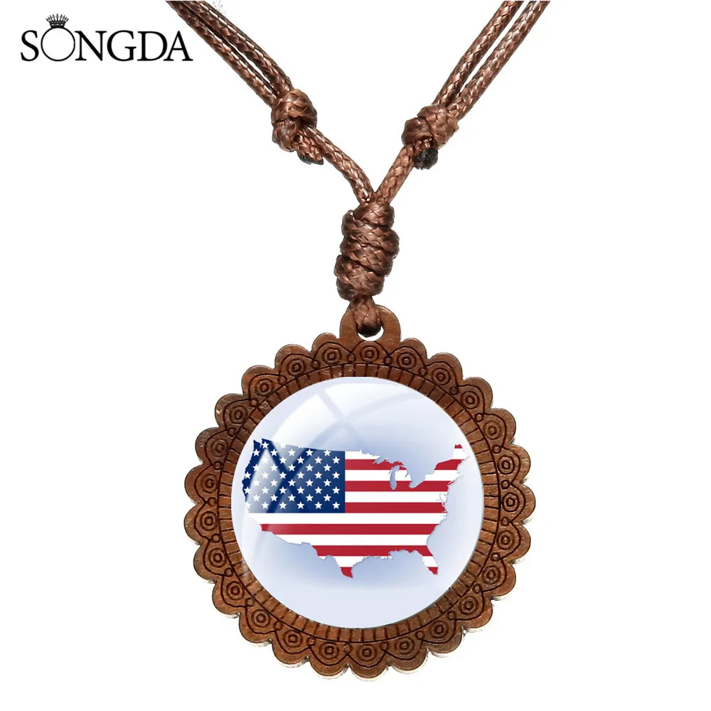 SONGDA новый флаг карты страны Италия США деревянное ожерелье подвеска Австралия Россия веревочная цепочка