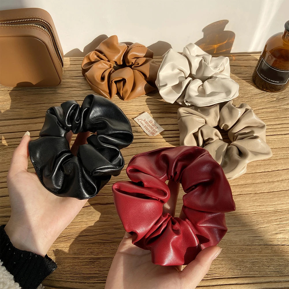 

Vintage Solid Color Hair Bands Women Korean Scrunchies Elastic Leather Hair Loop Rope Girl Headband Ponytail Holder Headwear
