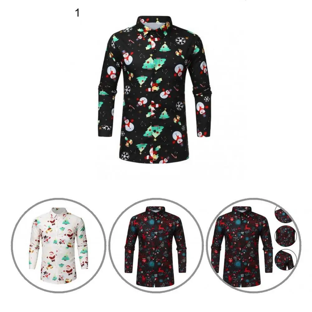 

Рубашка мужская повседневная с отложным воротником, однобортная с длинным рукавом, с принтом снежинок, снеговика, повседневная одежда