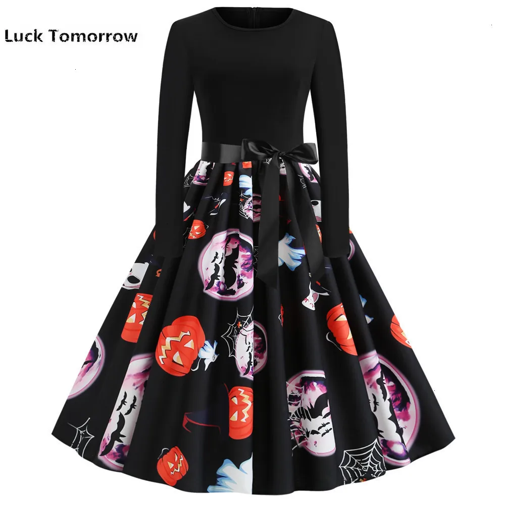 Новинка 2019 женское осеннее платье черное винтажное с принтом тыквы Vestidos большие
