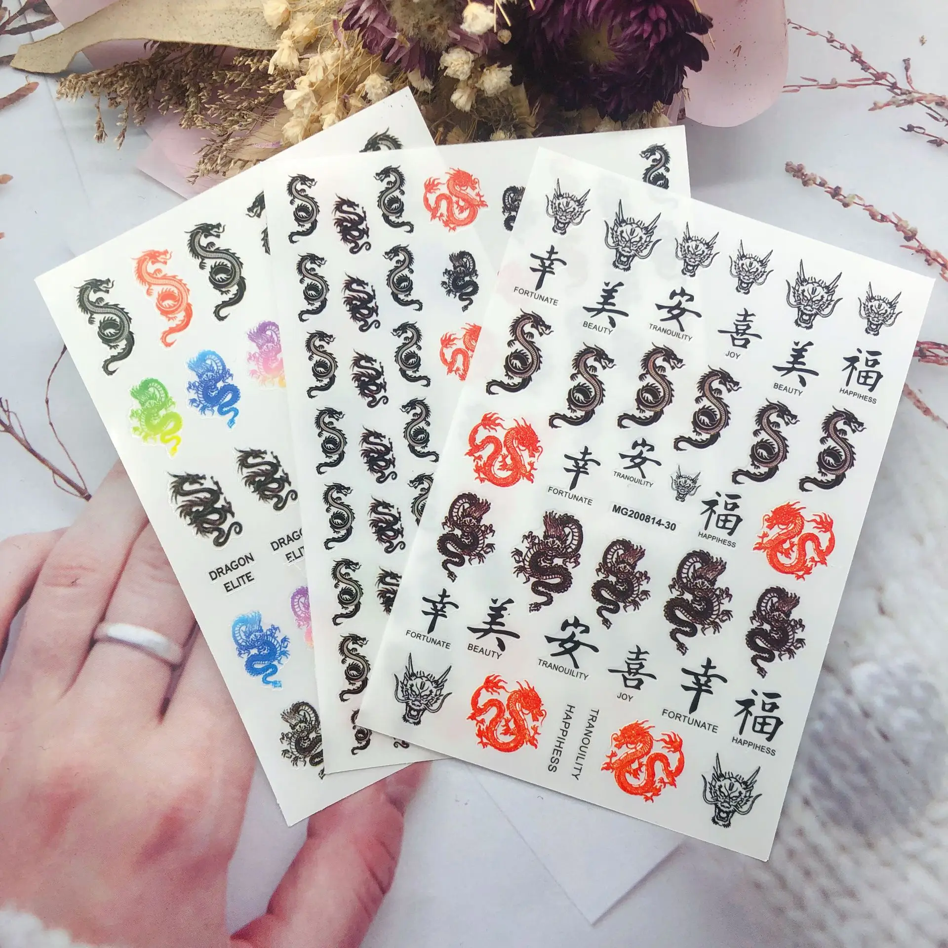

3D Stickers Dragons / Water decals Black Dragon Nail Art Stickers Self-Adhesive 3D Chinese character Design Nail Decals,Hyu56543