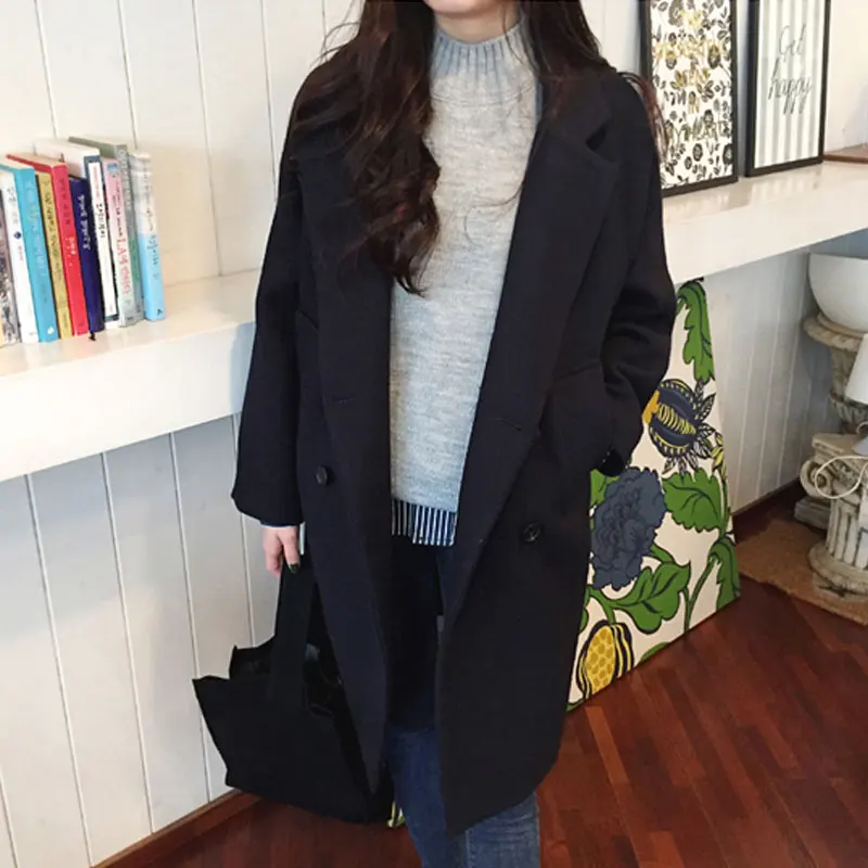 Женское шерстяное пальто с отложным воротником и длинным рукавом|Женские пальто|