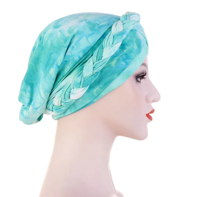 

Fashion Tie Dye Muslim Turban Hat Braided Side Islamic Inner Hijab Turban Cap Headwear Head Scarf turban femme musulman headband