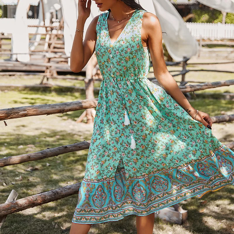 

Women Dress Vintage Plus Size V-Neck Sling Sleeveless Print High Waist Dresses A Line Dress loose Female Summer Vacation Clothes