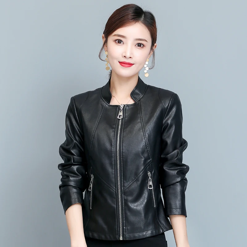 

Fashion Black Motorcycle Leather Jacket Women Zipper Short Leather Coat 2021 Autumn Women Coats Female Outwear High Quality