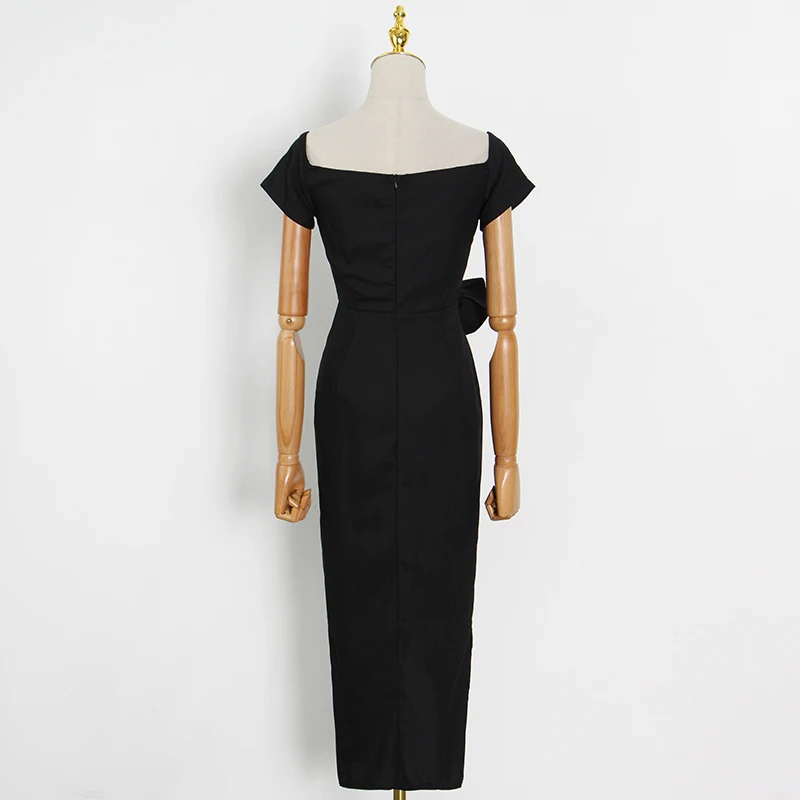 

VGH Casual Black Dress For Women Slash Neck High Waist Patchwork Side Split Ruched Midi Dresses Female Summer Fashion 2021 Style