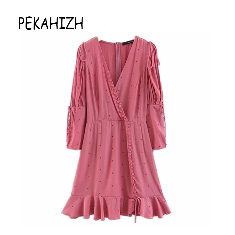 2019 летнее платье Бохо женское винтажное розовое в горошек мини kawaii элегантное