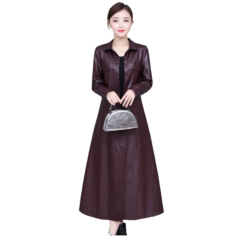 New autumn winter long PU leather windbreaker women's fashion trend over the knee leather coat elegant plus size womens overcoat