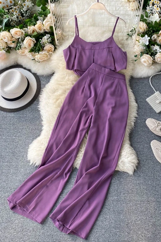 

Sexy Women Outfit Solid Two Pieces Set Slash Neck Tank Tops + Wide Leg Pant Korean Fashion 2 Pieces Set Elegant Chiffon Suit
