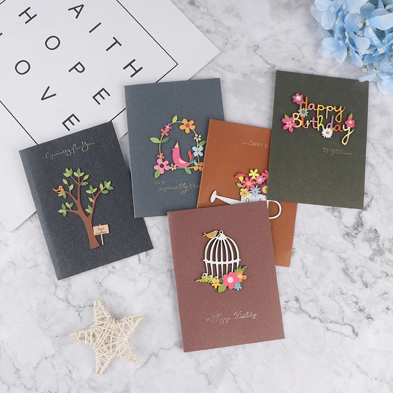 5pcs 3D Kraft Paper Invitation Greeting Card Handmade DIY Wood Carving Flower Patch Valentines Day Wedding Party | Канцтовары для