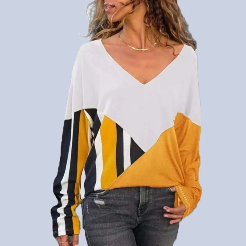 2019 Новая Осенняя полосатая футболка с v-образным вырезом и длинными рукавами