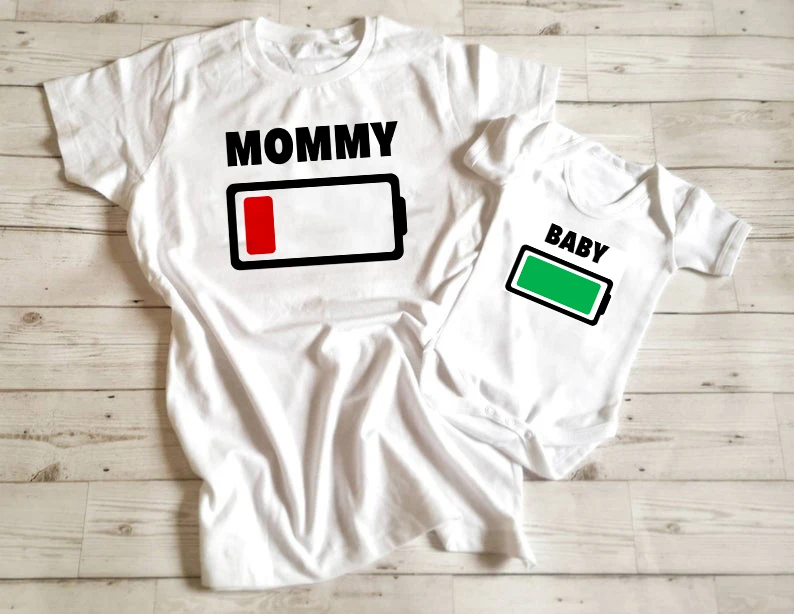 Camisetas a juego de pap&aacute;, mam&aacute; y beb&eacute;, camisetas con niveles de bater&iacute;a vac&iacute;os, camisetas con carga de bater&iacute;a, camisetas a juego de pap&aacute; y yo, 1 ud.-0