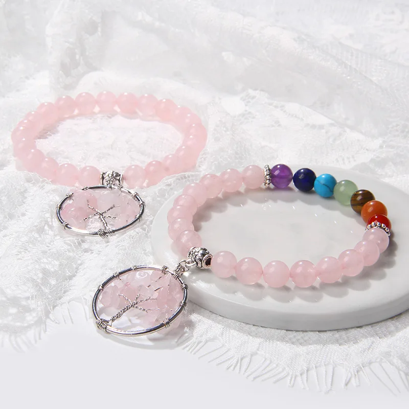

Trendy 7 Chakras Jewelry Natural Rose Quartzs Stone Bracelet Life Tree Charms Pendant Bracelets Women Bangles Handmade Fashion