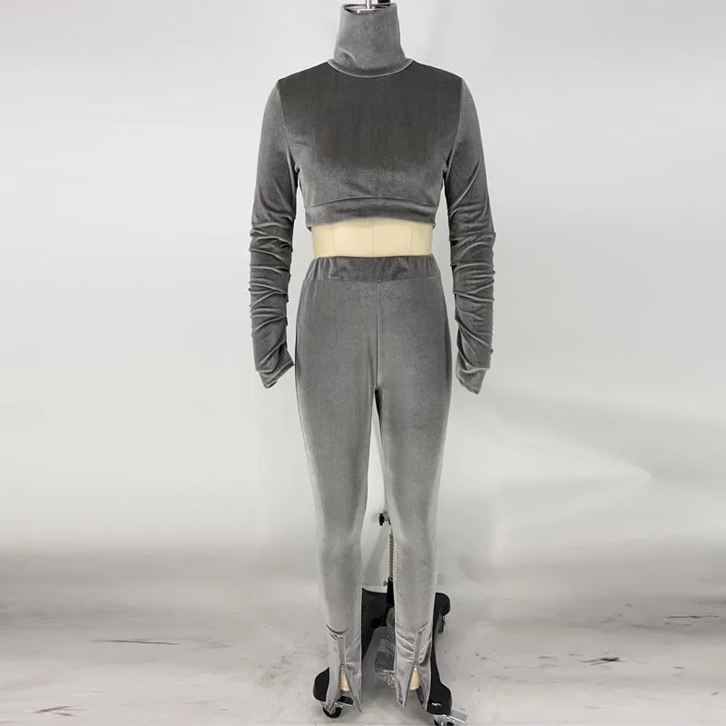 

Turtleneck Velvet Sexy Two Piece Set Women Long Sleeve Bandage Crop Top Sexy Pencil Pants Set Woman Suit Autumn Party Outfits