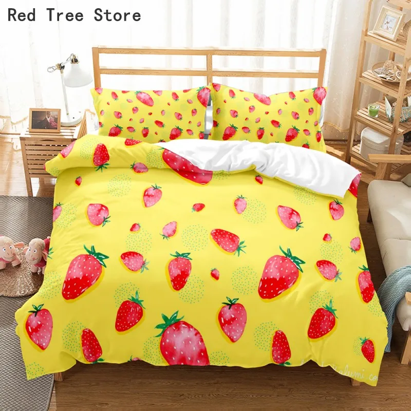 

Strawberry Fruit Bedding Set Bright Yellow Duvet Cover King Queen Size Quilt Modern Style Luxury Print No Sheet Girl Women Beds