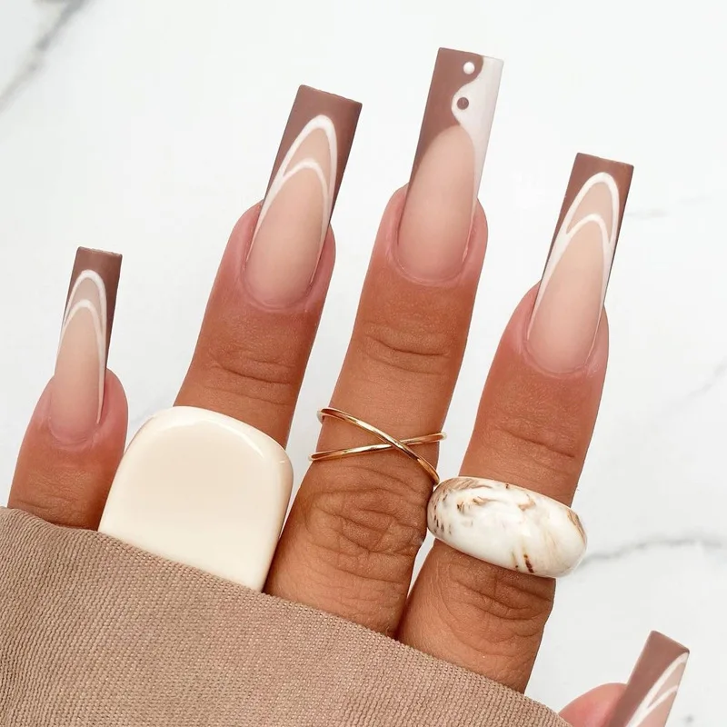 

24Pcs Detachable Line Pattern False Nails With Glue Extra Long French Ballerina Fake Nails Simple Full Cover Nail Tips