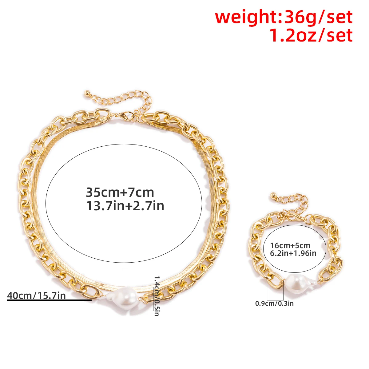 

Charm Copper Imitation Pearl Chunky Choker Necklace for Women Men Punk Link Chain Necklace Bracelet on Hand Vintage Jewelry Set