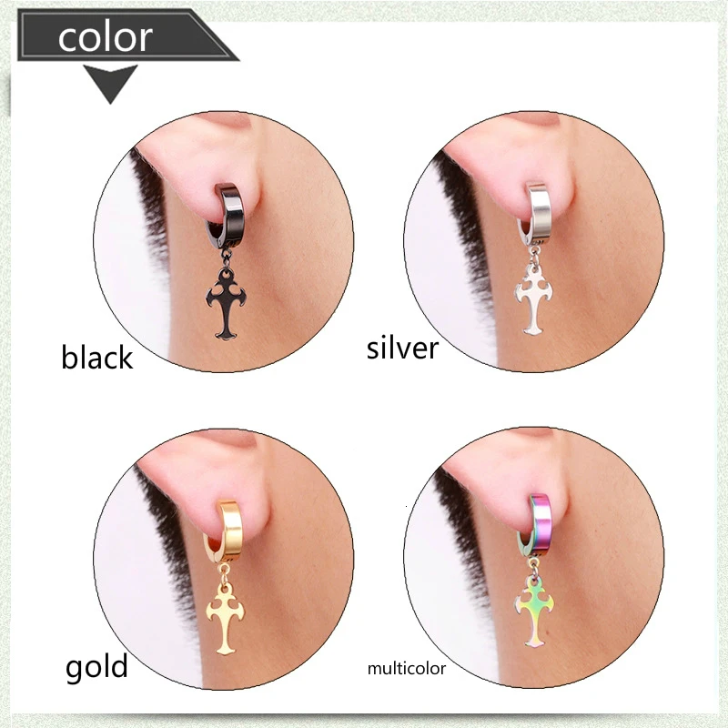 

Fashion Unisex Punk Rock Stainless Steel Clip Ear Nail Earrings For Men Without Piercing Stud Earrings Multicolor Pendant Cross