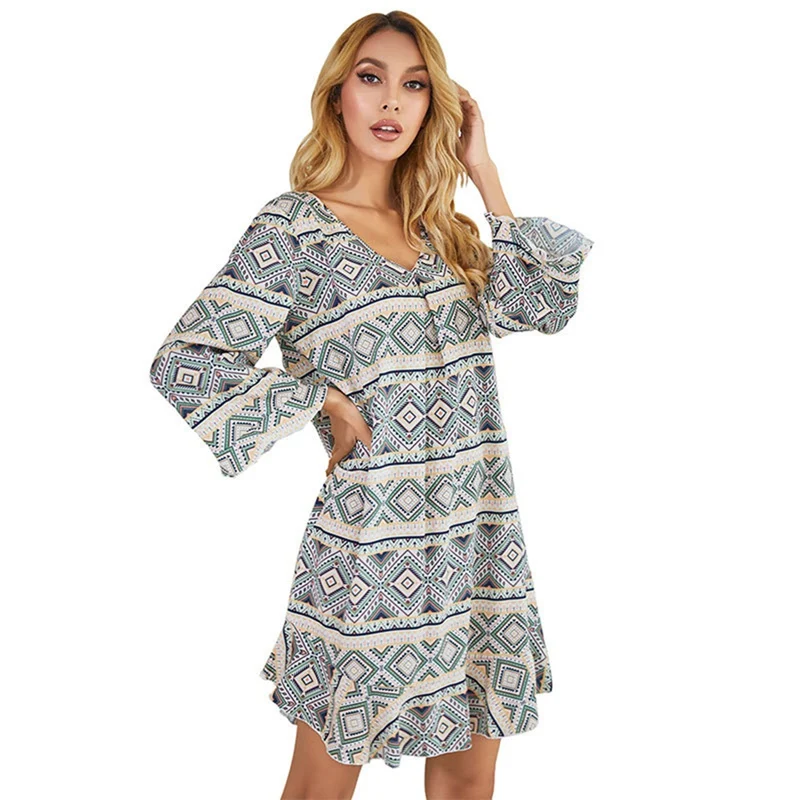 

Women Casual Nightgowns New Styles Long Sleeve Sleep Dress 2021 Summer V-Neck Sleepshirts Print Nightdress Sleepwear
