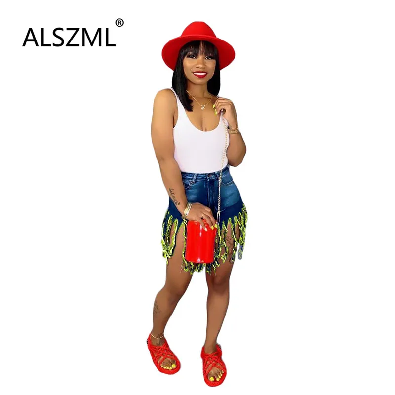 Женские брюки с высокими карманами повседневные синие короткие кисточками и на