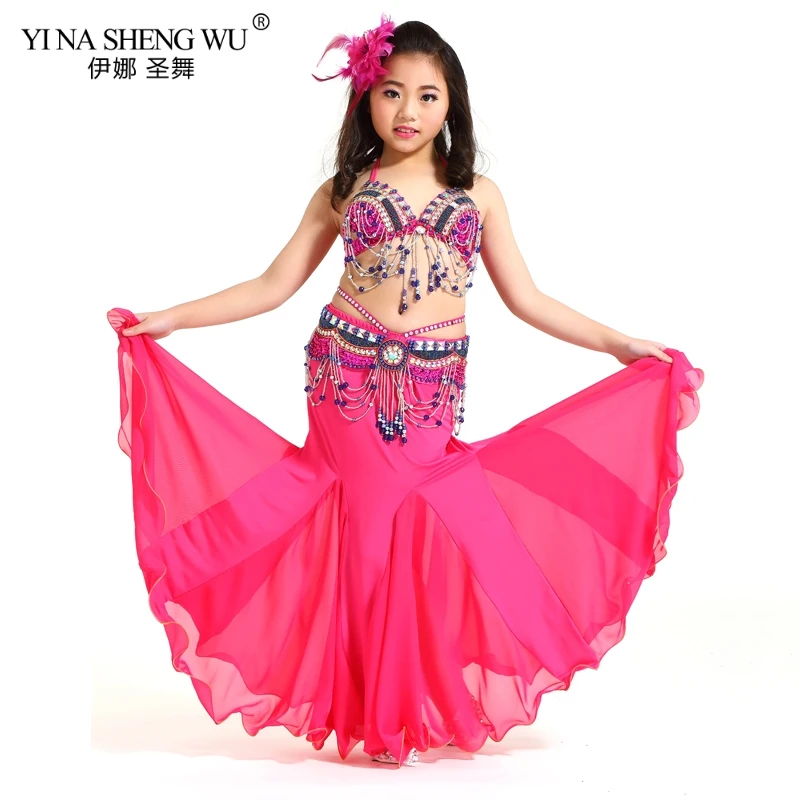 Rose-Bra-Belt-Skirt Детские танцевальные костюмы, комплект для девочек, Восточный танец живота, расшитый бисером, с кисточками, новая детская одежда для сцены, танцевальная одежда, комплект из 2 предметов/3 шт - Цвет: Rose-Bra-Belt-Skirt