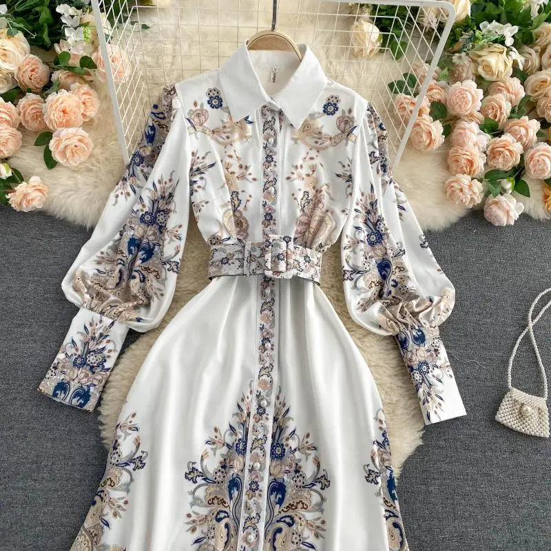 

Runway Autumn Spring Vintage Long Sleeve Print Floral High Waist Boho A-Line Party Maxi Dress Elegant Luxury Dresses Women 2021