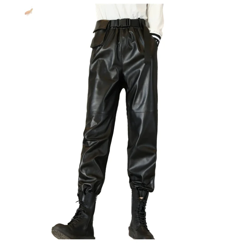 Leather Pants Women's Autumn Winter Ankle-Length Sheepskin Pants Fashion Boot Pants Casual Harlan Pants Elastic Waist Boot Pants