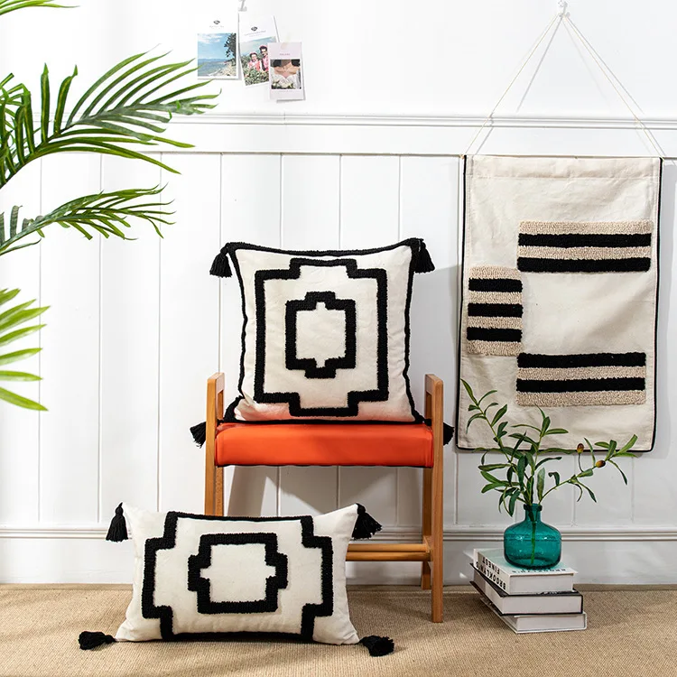 

Geometric With Tassel Pillowcover Cotton Canvas Tufted Embroidery Throw Cushion Cover Living Room Decoration Pillowcase 40724