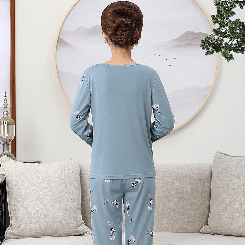 Осенний вязаный хлопковый женский пижамный комплект с принтом тонкая Пижама Mujer