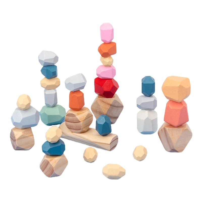 

32 Pcs Children Wooden Colored Stone Kids Creative Educational Montessori Toys Gifts Stacking Game Building Block