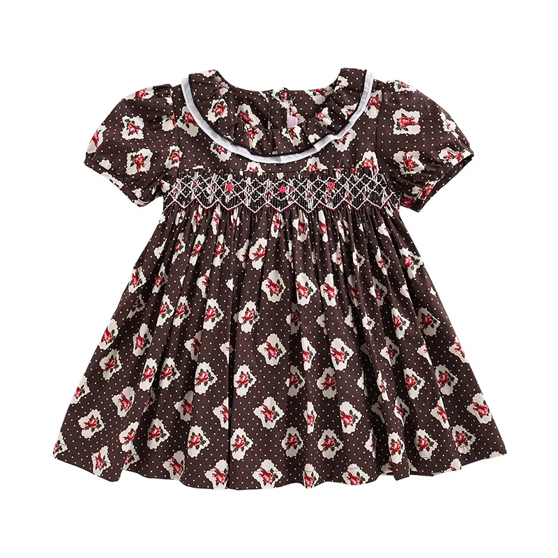 

2021 Summer Kids Smocked Dresses for Baby Girls Infant Party Hand Make Smocking Dress Toddle Baby Princess Vintage Floral Robe