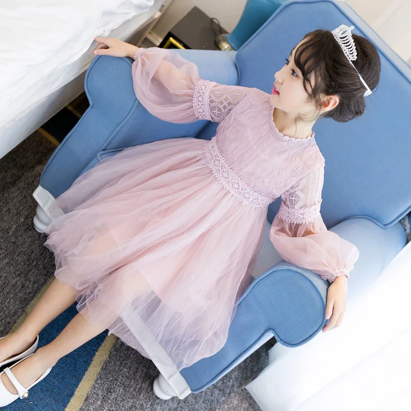 2021 Kids Dresses For Girls Lace Long Lantern Sleeve Dress Party Baby Girl Wedding Children Clothes 8 10 12 Years | Детская одежда и