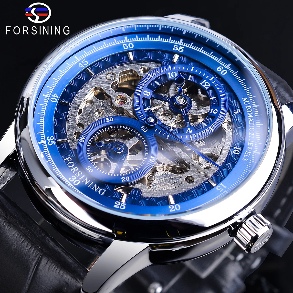 Forsining Blue Skeleton Dial Automatic Watch Waterproof Black Genuine Leather Top Brand Luxury Casual Business Mechanical Watch