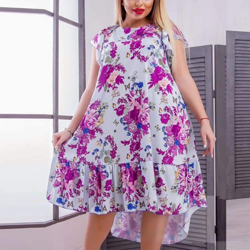 Женское шифоновое платье с цветочным принтом повседневное свободное круглым