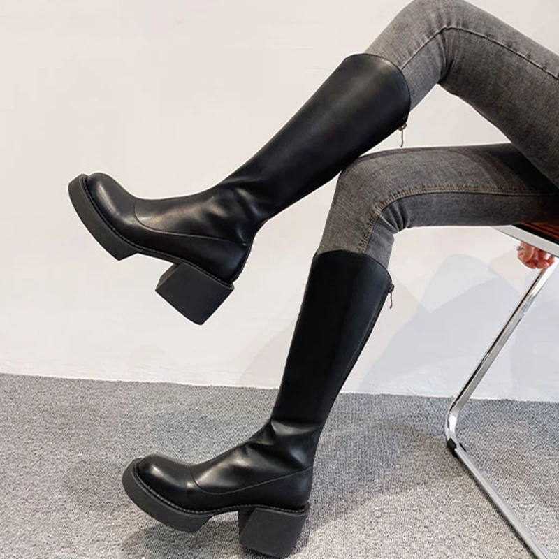 

2022 Winter New Ladies High Boots Ladies Designer High Heel Boots Round Toe Thick Bottom Knee-length Knight Boots Botas De Mujer