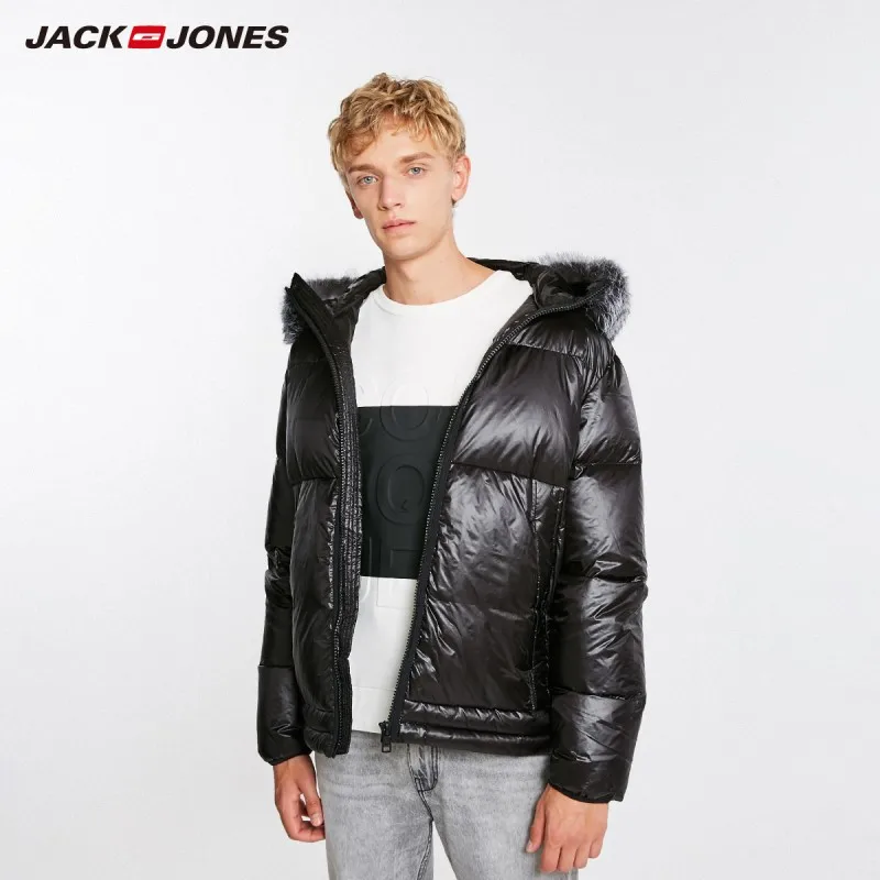 Black JackJones мужской зимний пуховик с капюшоном и воротником из лисьего меха 218412521 - Цвет: Black