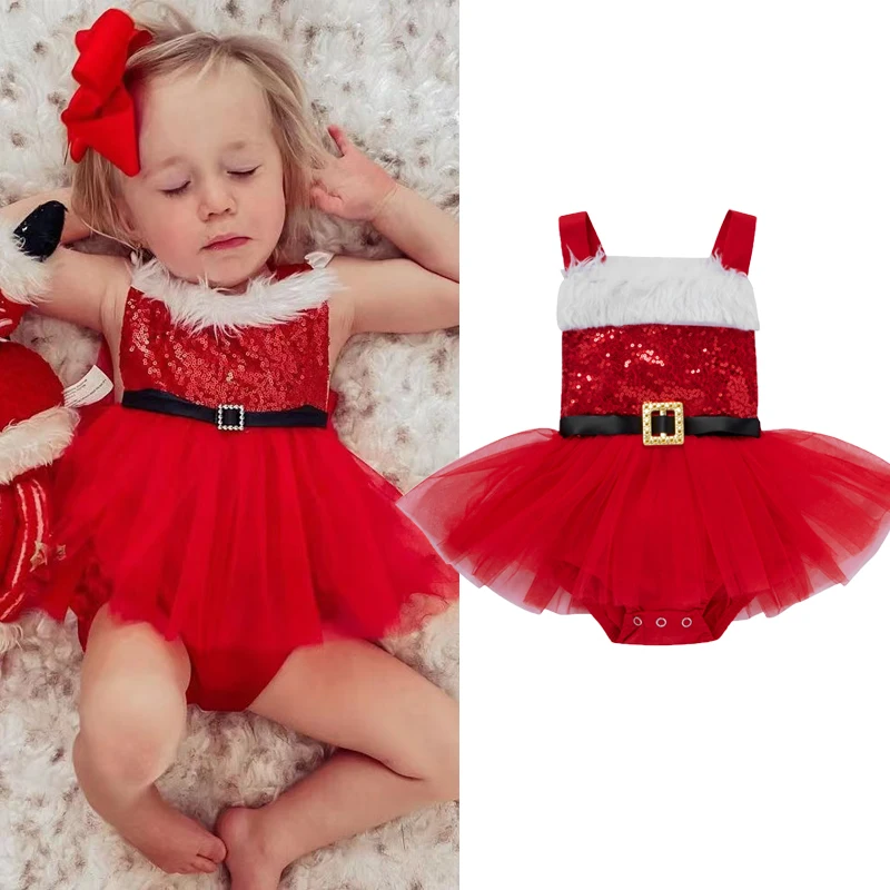 

Baby Girl Christmas Romper Fluffy Sequin Sleeveless Strappy Short Romper Dress Xmas Party Clothes for Toddler Girls 0-18 Months