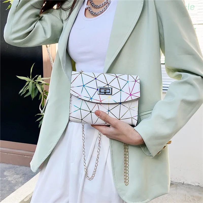 

2021 Women Bag Fashion Casual Tide Chain Lingge Ladies Pu Bag Wild Shoulder Messenger Bag Small Square Mobile Phone Bag