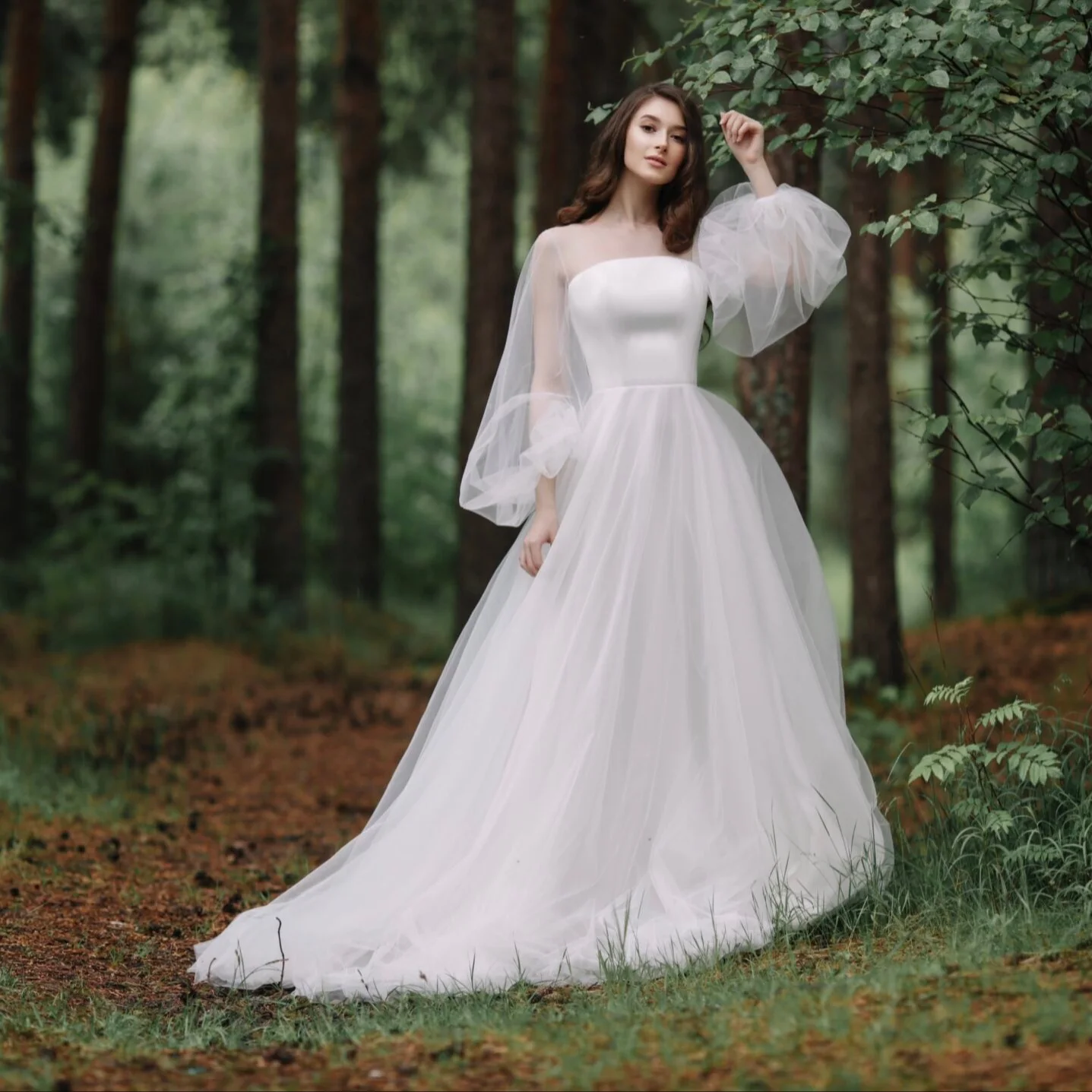

Simple White/Ivory Boho Sheer Neck Tulle Wedding Dresses 2022 A Line Long Sleeves Beach Bridal Gown Sweep Train