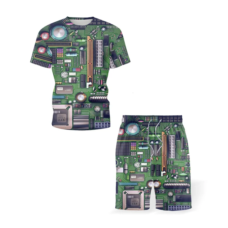 2021 Summer Fashion New Men's Cool Casual Round Neck Suit 3D Digital Integrated Circuit Board Short-Sleeved T-Shirt + Shorts