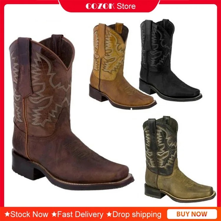 

New Embroidered Boots Martin Boots Square Toe Roman Boots