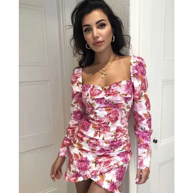 Женское повседневное мини-платье с цветочным принтом зимнее розовое винтажное