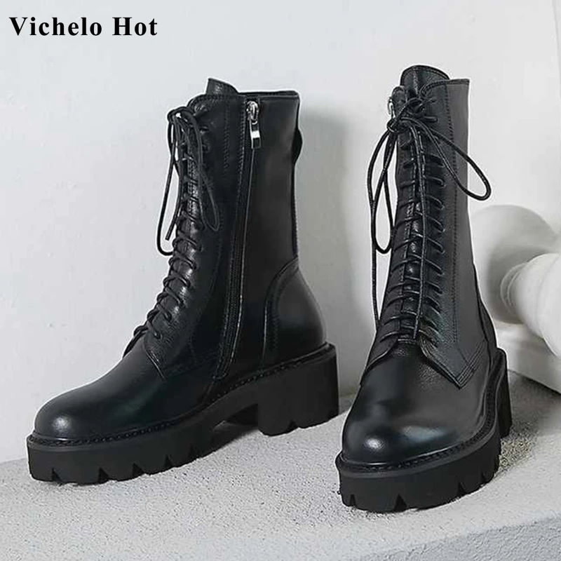 

Vichelo Hot genuine leather fashion hot sale basic round toe high heels lace up keep warm women black punk mid-calf boots L33