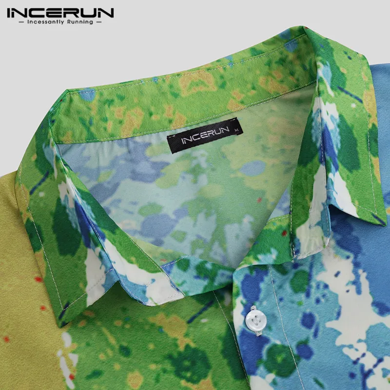 New Fashion Men Brand Shirt Splashed Ink Print Short Sleeve Lapel Neck Camisa Business Casual Shirts Men INCERUN Plus Size 2022