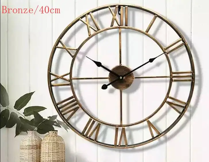 40CM 1 шт. Настенная Декорация Кованое железо будильник Ретро Настенные часы 3D круглые римские полые железные бар тихие декоративные настенные часы - Цвет: 40CM