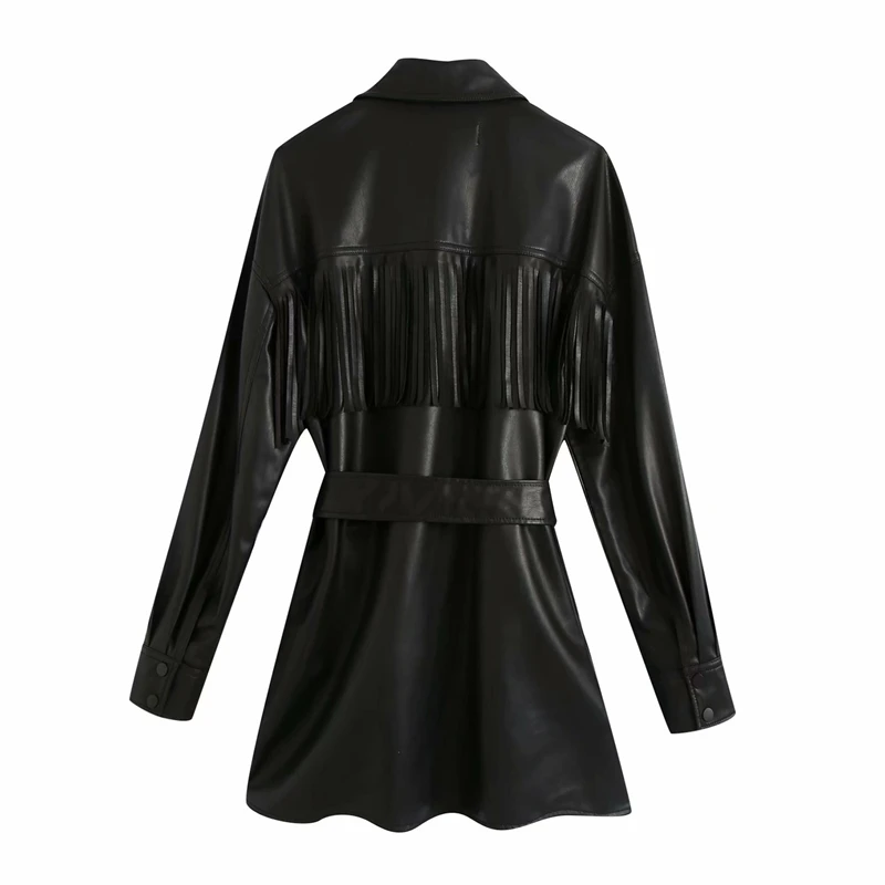 

YOSIBCD Women 2021 Fashion With Belt Tassel Faux Leather Jacket Coat Vintage Long Sleeve Snap-button Female Outerwear Chic Tops